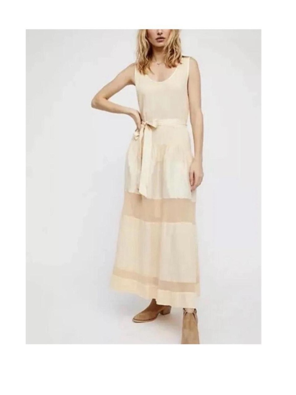 Free People Cream Tiered Maxi Dress with Waist Tie